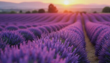 Obraz premium A field of lavender flowers with a sun in the background. The sun is setting, casting a warm glow over the field. The flowers are purple and are arranged in rows, creating a sense of order