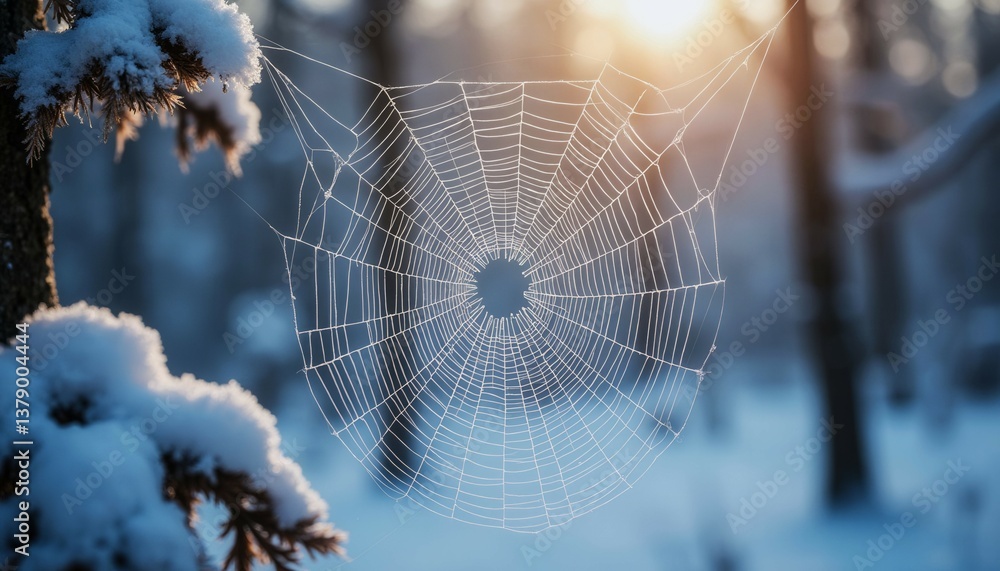 Poster a spider web is frozen in the snow. the sun is shining on the web, creating a beautiful and serene s