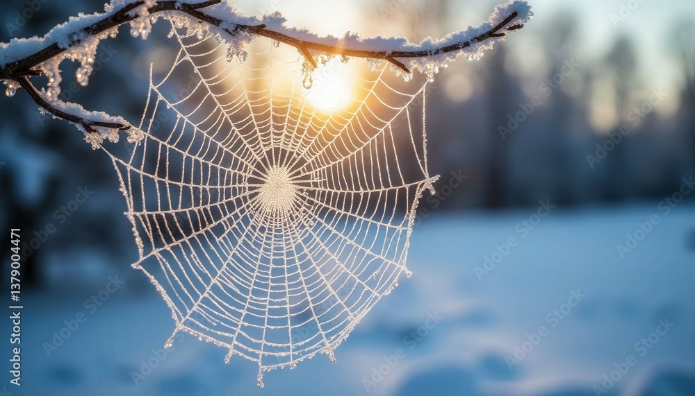 Poster a spider web is frozen in the snow. the sun is shining on the web, creating a beautiful and serene s
