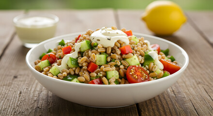 Inviting farro salad with colorful vegetables and creamy dressing presentation