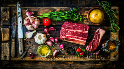 Top view of meat and assorted fresh ingredients on rustic wooden board.
