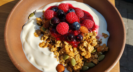 Delicious toasted muesli breakfast bowl with yogurt, berries, and compote closeup