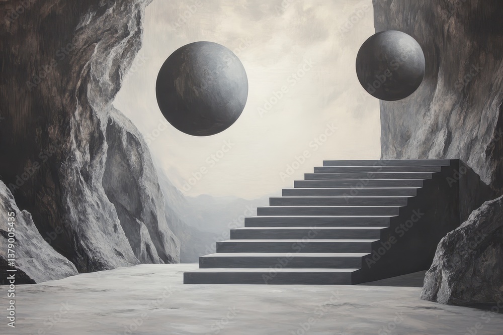 Poster a painting depicting a staircase with two spheres floating on it in a dreamlike setting imagine a su