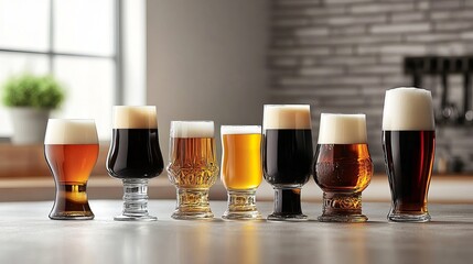 Assortment of Craft Beer Glasses Diverse Selection Premium Beer Tasting Set Different Types of Beer in Elegant Glassware Home Bar Setting ale ipa pub 