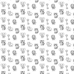  A seamless black and white pattern featuring hand-drawn cute safari animals, including lions, elephants, giraffes, tigers, hippos, and leopards, arranged in a repeating design on a white background.