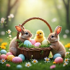 Easter card with bunnies and chicks and colorful eggs in a wicker basket