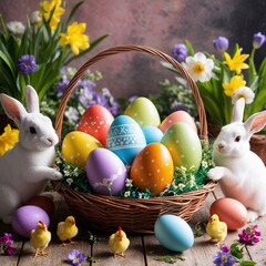 Easter card with bunnies and colorful eggs in a wicker basket, against a background of spring flowers