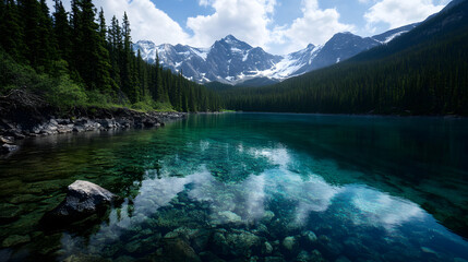 A high-altitude lake surrounded by tall alpine meadows, with snow-covered peaks looming in the distance under a vibrant blue sky.