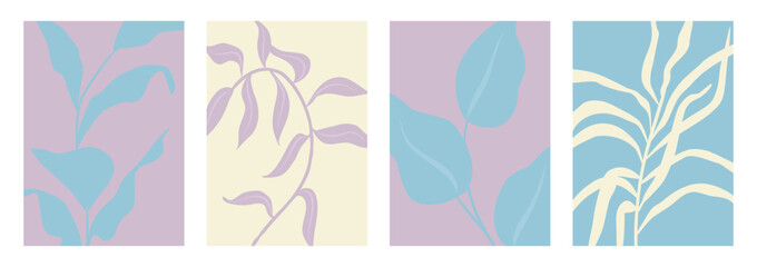 Minimalist botanical illustration featuring abstract plant silhouettes in soft pastel colors. Modern, nature-inspired wall art featuring elegant leaves and organic shapes, perfect for home decor