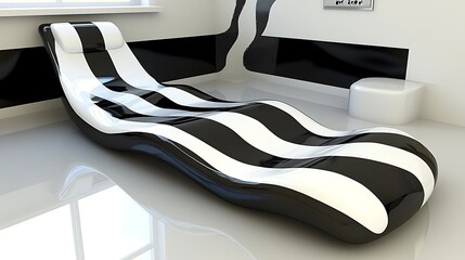 A modern room features a black and white striped chaise lounge