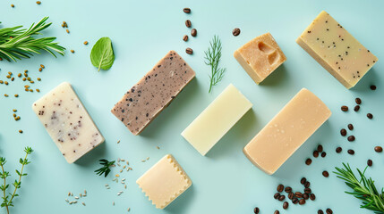 Five distinct types of soap are displayed on a mint green surface alongside fresh herbs