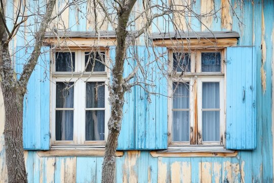Two old windows with blue shutters on a wooden house facade