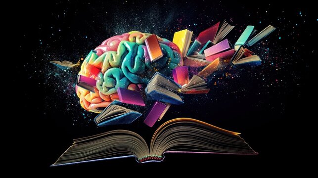 Colorful brain with books exploding from open book. Creative learning concept. Stock photo