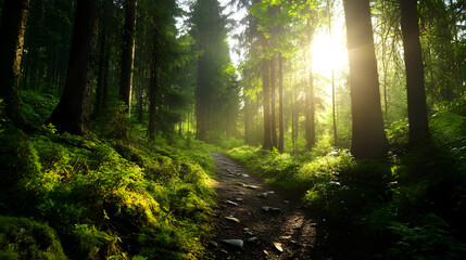 Fototapeta premium A hiking trail through a vibrant alpine forest, with bright sunlight streaming through the trees and the sound of birds chirping.
