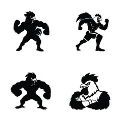 Fototapeta premium Muscular Rooster Silhouettes in Fighting Poses.