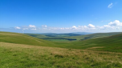 Obraz premium A wind farm on rolling green hills under a bright blue sky, representing renewable energy and sustainability. generative ai