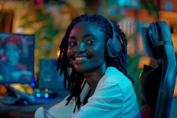 Obraz premium Portrait of a smiling young black female IT support worker in startup company office
