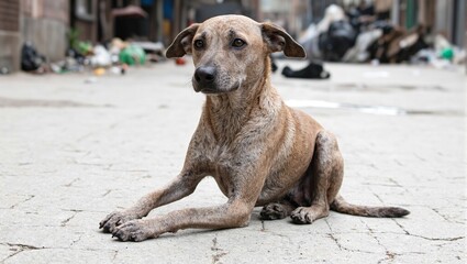 Obraz premium Heartbreaking image of a neglected stray dog on a desolate street capturing isolation and urban decay