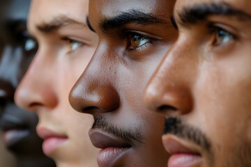 Faces of people of different nationalities and skin colors next to each other, showing the unity and equality of different cultures