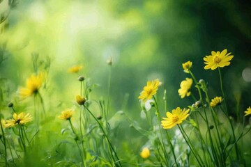 Obraz premium A captivating scene of vibrant yellow wildflowers swaying gently in a lush green meadow under soft diffused light, evoking feelings of joy and natural beauty in spring.