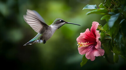 A hummingbird hovering over a tropical bloom.