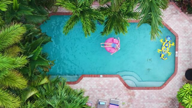 Here is a breathtaking aerial perspective of a delightful backyard swimming pool, elegantly framed by lush palm trees and vibrant loungers, all set under the radiant sun of beautiful Florida