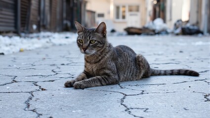 A melancholic stray cat weary and thin sits on a desolate city street embodying loneliness and hardship