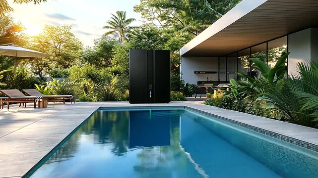 A home battery storage system positioned beside a swimming pool, surrounded by tropical plants, clean architectural lines, and a modern outdoor kitchen
