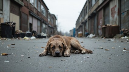 Obraz premium An emotive depiction of a forlorn stray dog resting on a desolate industrial street conveying themes of isolation and resilience