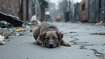Obraz premium An emotive depiction of a forlorn stray dog resting on a desolate industrial street conveying themes of isolation and resilience