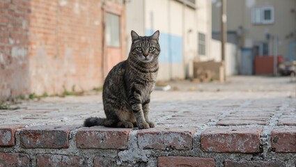 Obraz premium Lonely tabby cat on brick wall in urban setting Reflective eyes and textured fur add to somber atmosphere