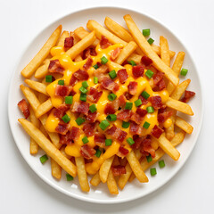 French fries loaded with melted cheddar cheese, crispy bacon pieces, and chopped green onions on a white plate, savory comfort food
