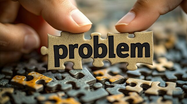 Hand holding the word "problem" on a jigsaw puzzle to assemble a solution for creative thinking, symbolizing critical thinking and problem-solving in business.