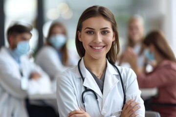 Obraz premium Portrait of a smiling young female doctor at medical training in seminar room