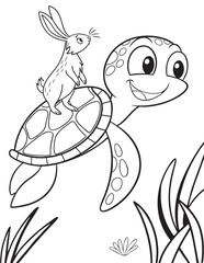 Vector outline of bunny riding a friendly turtle for adorable coloring books