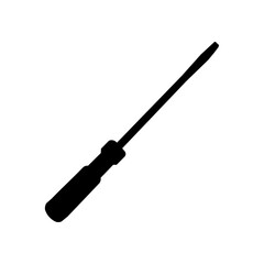 A simple flathead screwdriver tool with a black handle and a white background shown