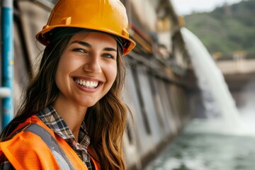 Portrait of a smiling young Hispanic female engineer at hydroelectric plant