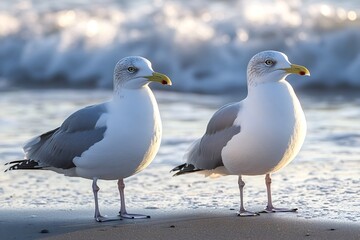 Obraz premium Two european herring gulls standing on the sandy beach, watching as gentle waves roll in at sunset, creating a tranquil and picturesque coastal scene filled with serenity