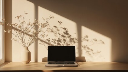 Warm sunlight streams into a minimalist workspace, showcasing a laptop and a vase of dried flowers.  Natural light casts soft shadows on a light beige wall and wooden desk