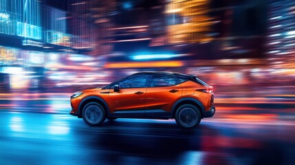 An orange car is speeding through a cityscape at night time