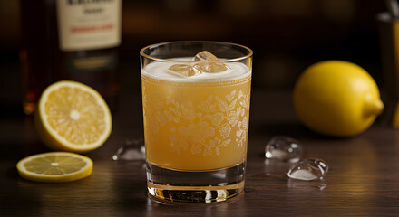 Fototapeta premium Elegant whiskey sour in vintage cocktail glass with lemon and ice accents