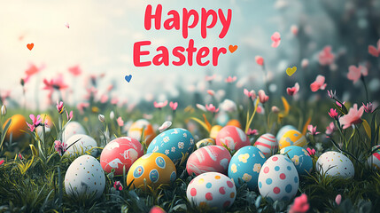 Happy Easter text greeting card with eggs on field