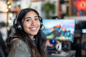 Portrait of a smiling young Hispanic female IT support worker in startup company office