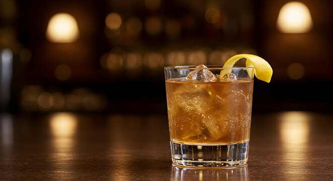 Elegant whiskey sour served in old fashioned glass on bar, with lemon twist