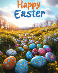 Happy Easter text greeting card with eggs on field
