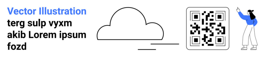 Cloud data representation, large QR code, and person pointing symbolize technology, innovation, and connectivity. Ideal for tech branding, digital marketing, cybersecurity, logistics online