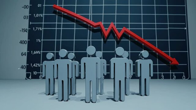 Declining market chart with silhouetted figures in business analysis concept