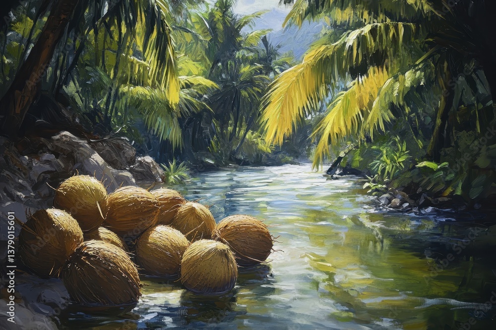 Poster a painting featuring coconuts peacefully drifting along a river imagine a world where coconuts effor