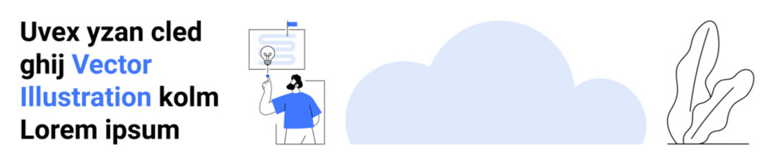 Person in blue presenting an idea with lightbulb sketch and document banner, accompanied by a cloud and plant graphic. Ideal for creativity, teamwork, brainstorming, innovation, education