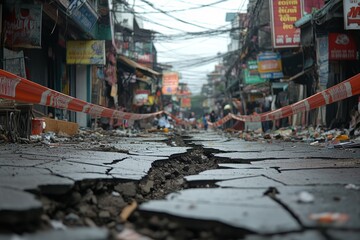 Urban street cracked by earthquake debris and abandoned signs  